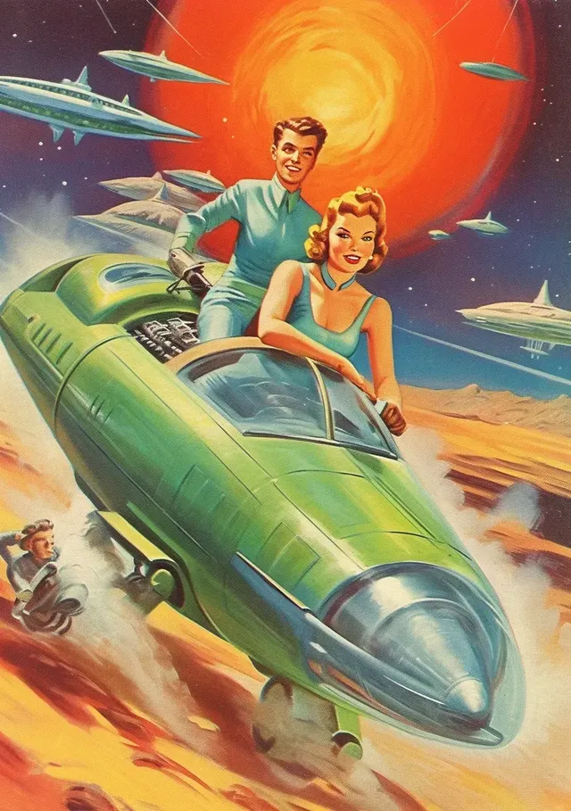 1940s Sci-Fi Comic Cover Rocket Battle in Space