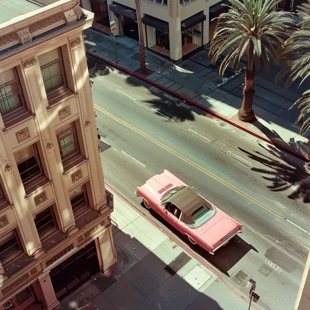 1970s Photo of Pink Convertible in LA from Above