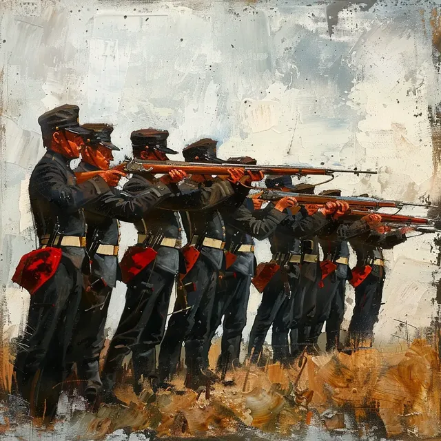 19th Century Painting of Soldiers in Firing Squad Formation