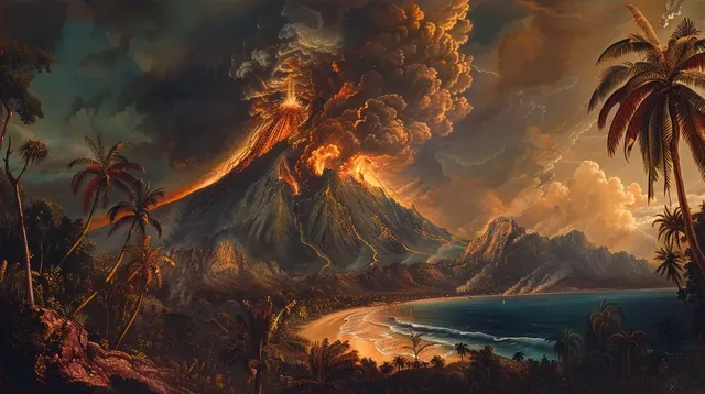 19th Century Painting of Volcano Erupting on Island