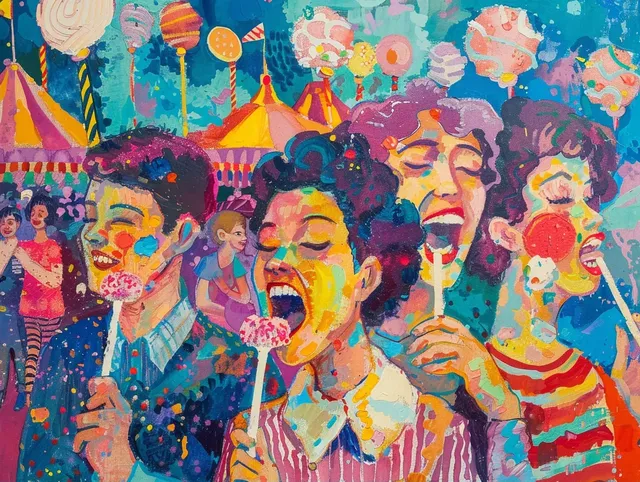 60s-Style Painting of People Celebrating with Sweets