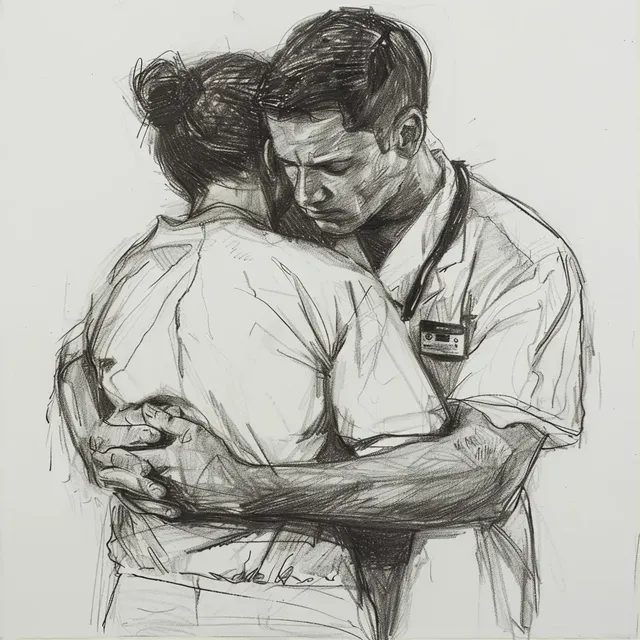 Academic Drawing of Nurse Consoling Sad Man