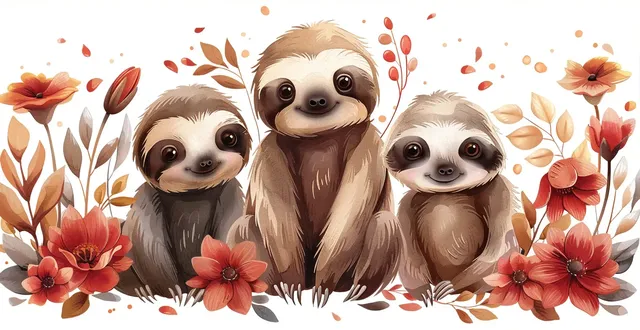 Adorable Kawaii Sloths Among Flowers