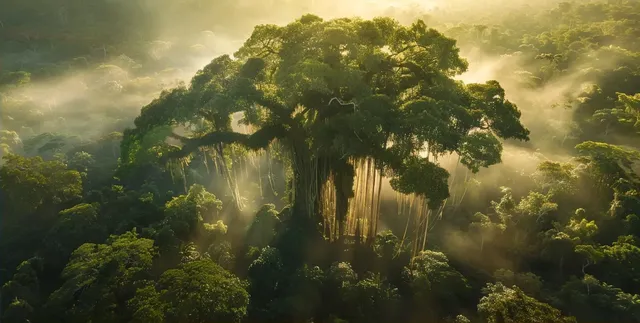 Aerial Amazon Canopy with Mist and Sunlight