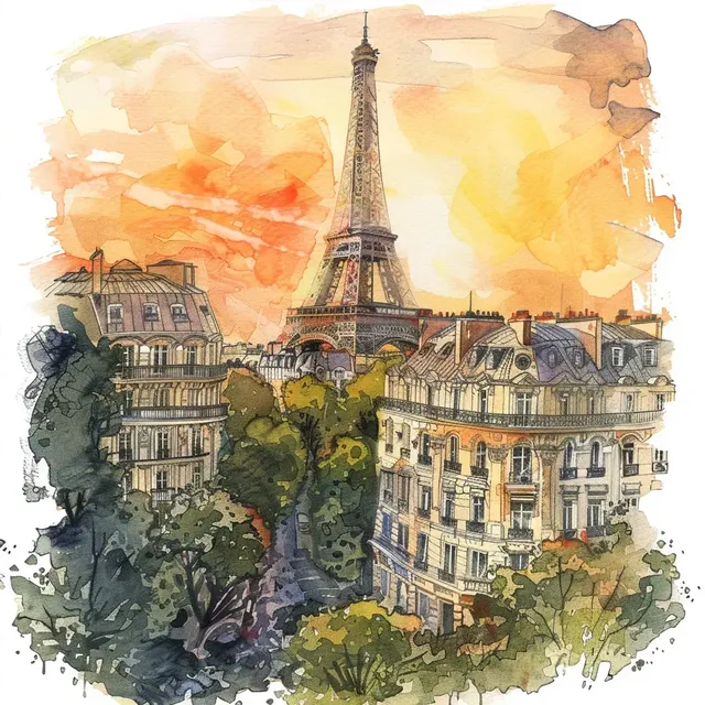 Artistic Watercolor Drawing of Paris