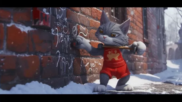 Athletic Cat Graffiti Artist in Winter