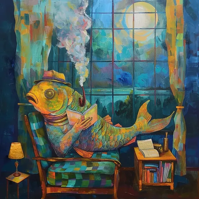 Avant-Garde Painting of Carp Reading in Bright Room