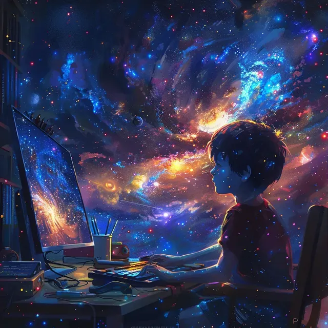 Boy at Computer with Dreamy Space Backdrop