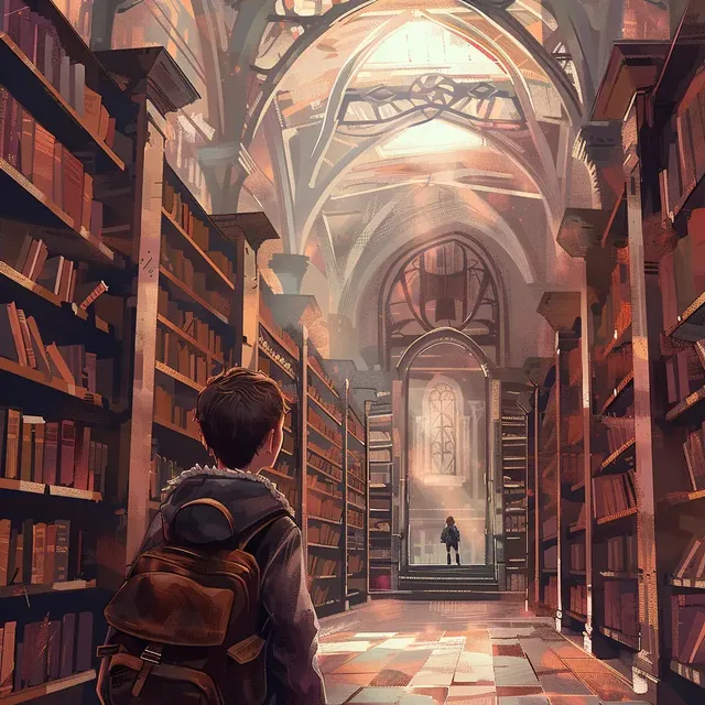 Boy in an Ancient Library with Gothic References