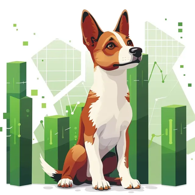 Cartoon Basenji Surrounded by Candlesticks