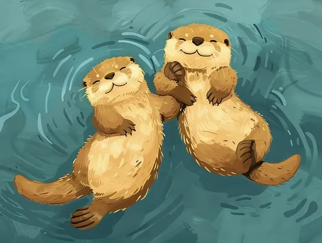 Cartoon Otters Floating and Holding Hands