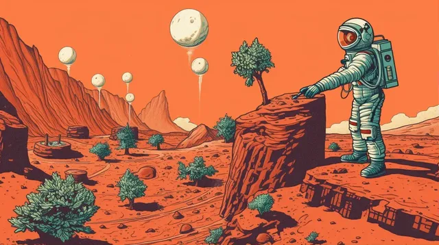 Cartoon Planting a Tree on Mars