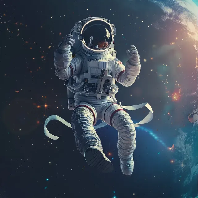 Cheering Astronaut in Vast Space