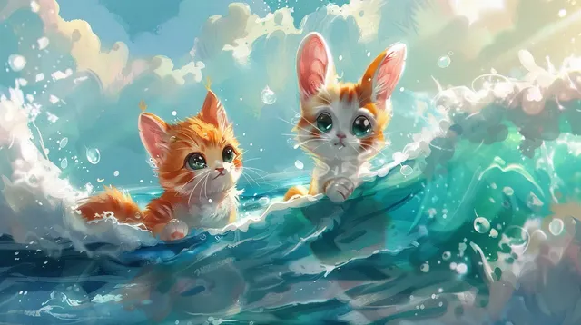 Chibi Kitten and Bunny Leaping into Sea