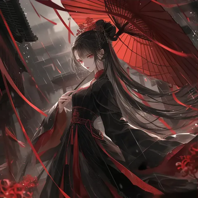 Chinese Illustration of Youth in Red Rain