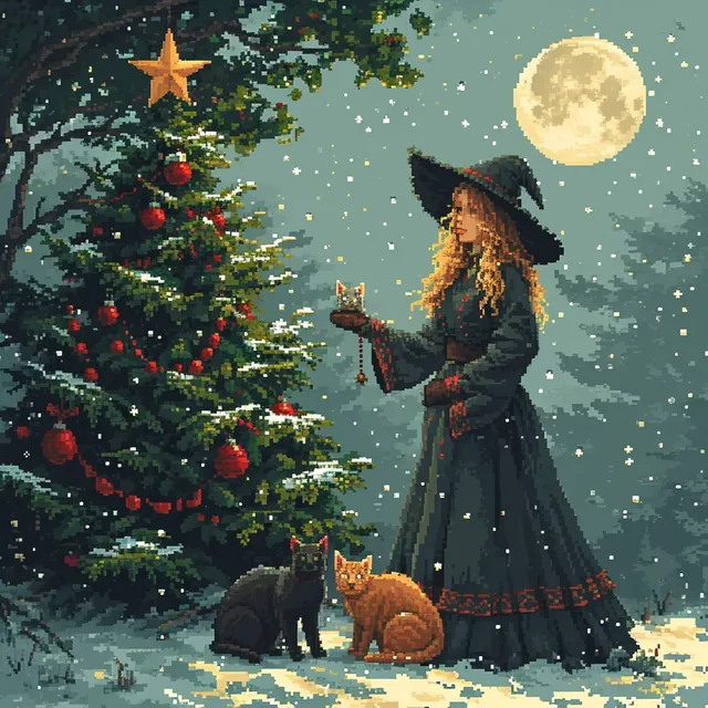 Christmas Witch and Cats Pixel Art