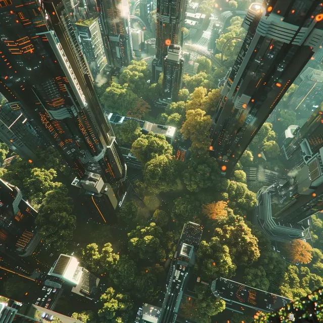 Cyberpunk City of the Future Forest with Solar Panels