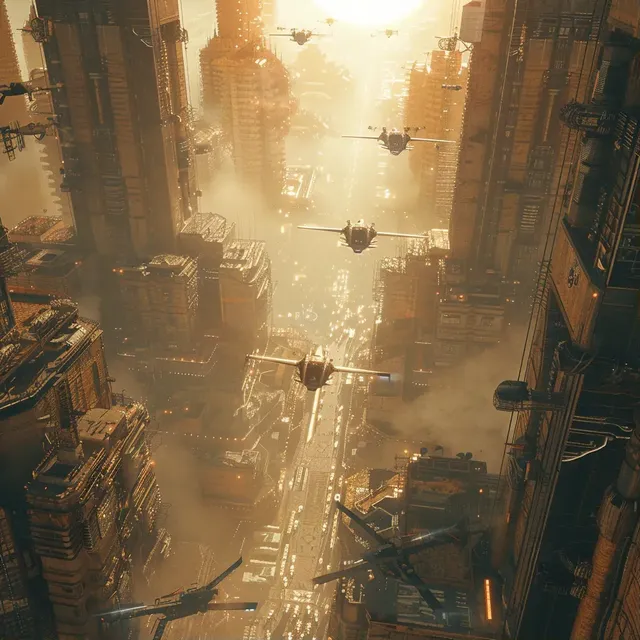 Cyberpunk City with Drones in Sunlight