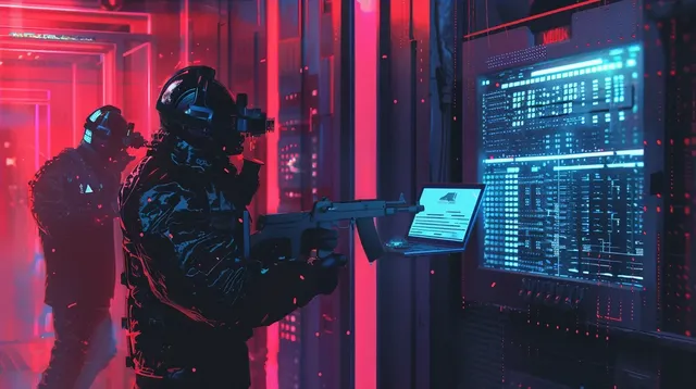 Cyberpunk Scene with Laptop, Supercomputer, and Machine Gun