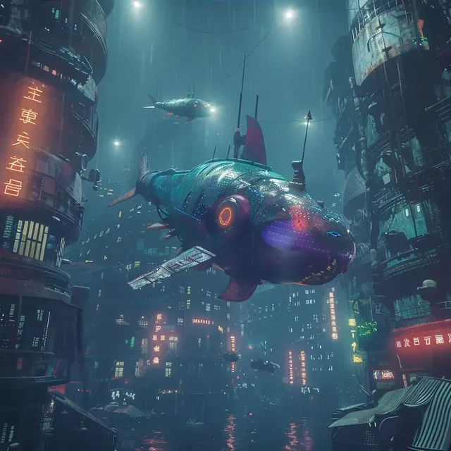 Cyberpunk Underwater City with Robot Fish