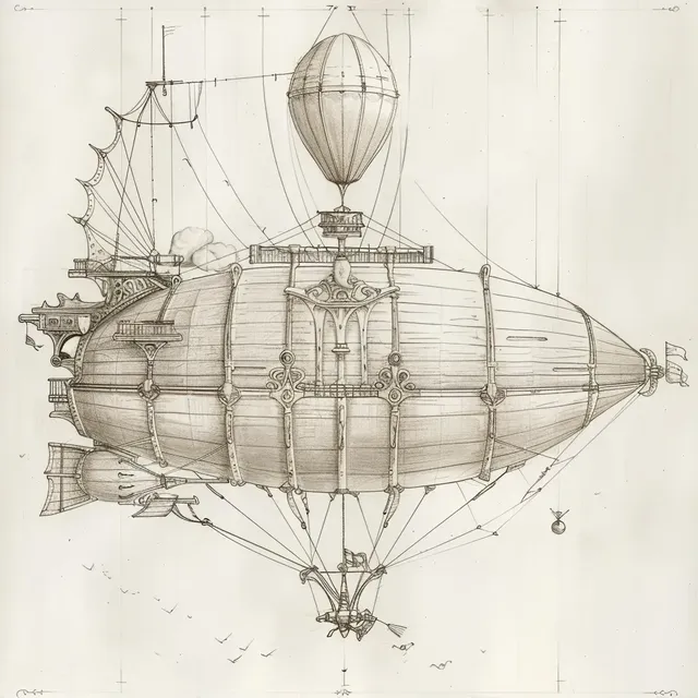 Detailed Pencil Sketch of a Wooden Airship