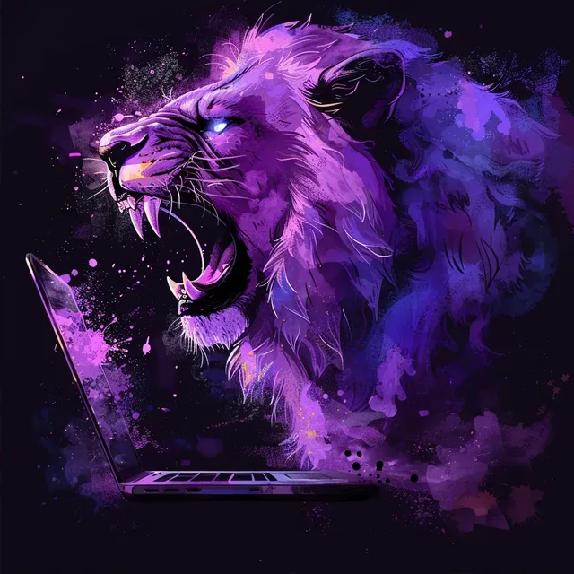 Digital Purple Lion with Laptop Vector Graphic