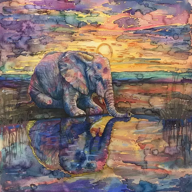 Elephant at Sunset Watercolor