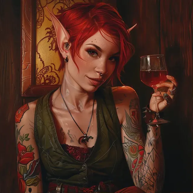 Elven Blaze Tattooed Fire Genasi with Wine