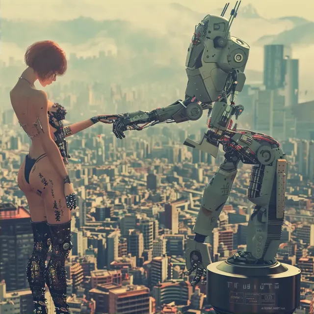 Futuristic City Landscape with Woman Fixing Robot Arm