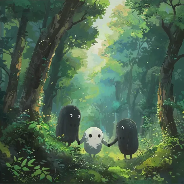 Ghibli-style Forest with Kodamas Holding Hands