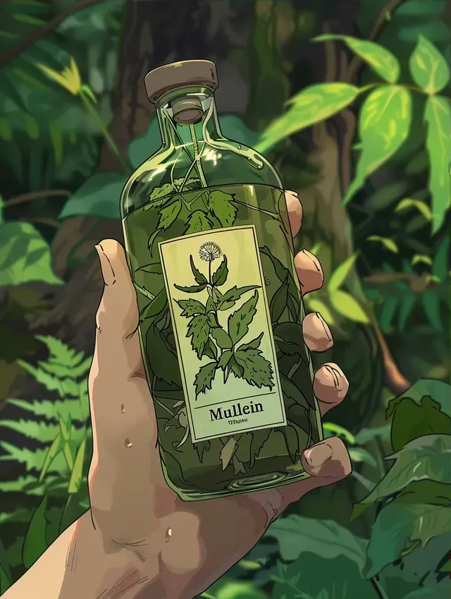 Ghibli-style Hand Holding Mullein Tincture Bottle