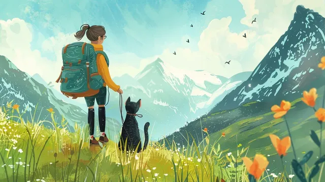 Girl and Cat Hiking in the Alps