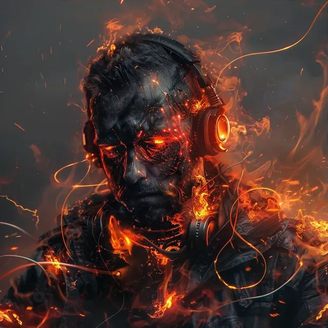 Gritty Portrait of Cybernetic DJ with Fire