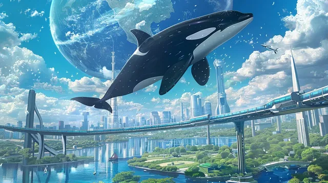 High-Def Sci-Fi City with Orca Airship