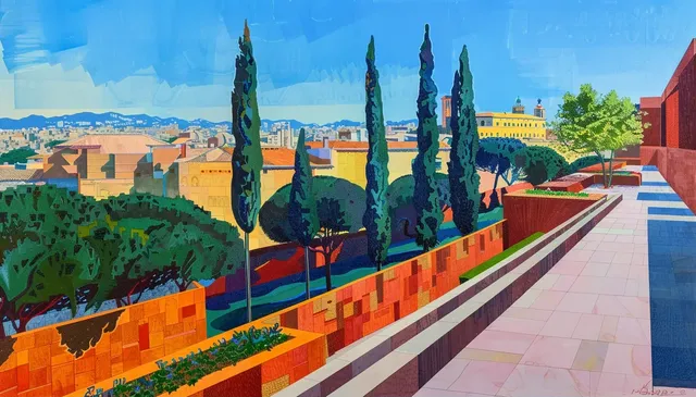 Hockney-style Painting of Barcelona from Montjuic