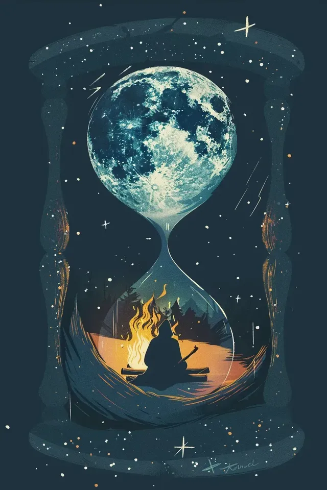 Hourglass with Universe Inside and Figure by Campfire