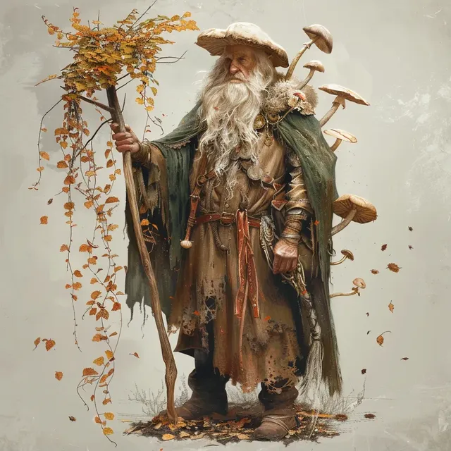 Kind Old D&D Druid with Mushroom Staff