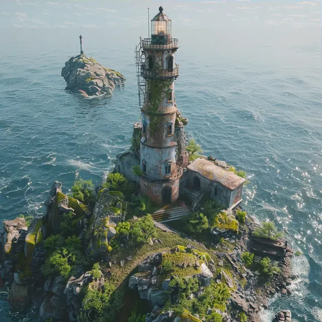 Lonely Lighthouse and Castle on Island