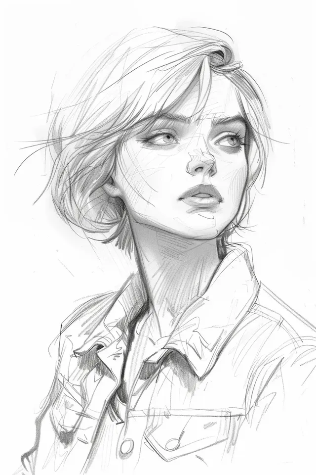 Loose Pencil Sketch of Woman in Denim Jacket