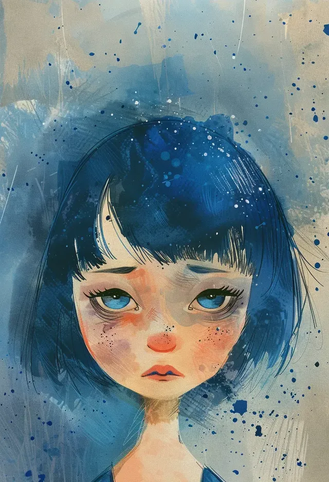 Melancholy Blue-Haired Girl in Watercolor