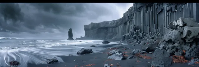 Menacing Seascape Basalt Columns Under Stormy Skies