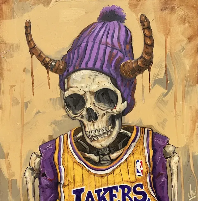 Minimalist Cartoon Skeleton in Lakers Gear