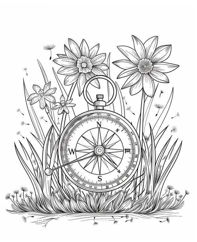 Minimalist Monoline Compass in a Flower Field