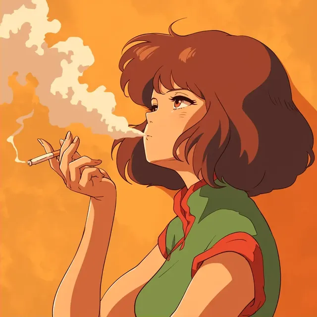 Miyazaki-style Retro Anime Girl Smoking