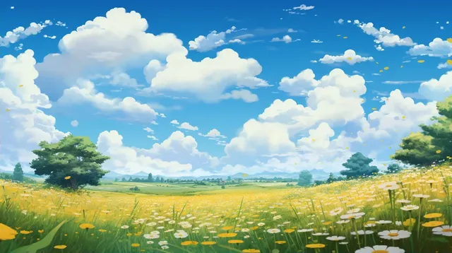 Miyazaki-Style Sunshine Grassland and Wildflowers