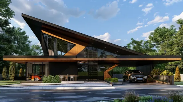 Modern Two-Story House with Carport and BMW M3