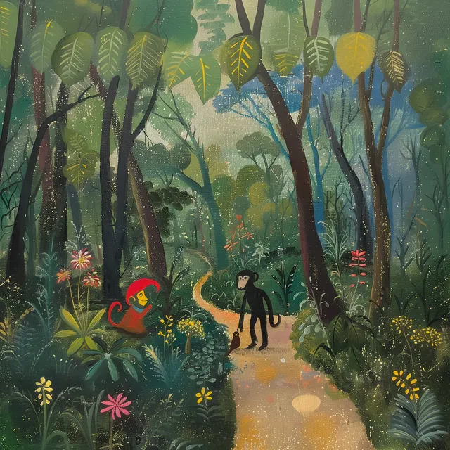 Monkey and Gnome in the Forest (Henri Rousseau Style)