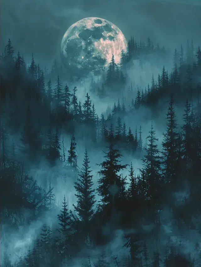 Monochromatic Forest with Rose and Moon