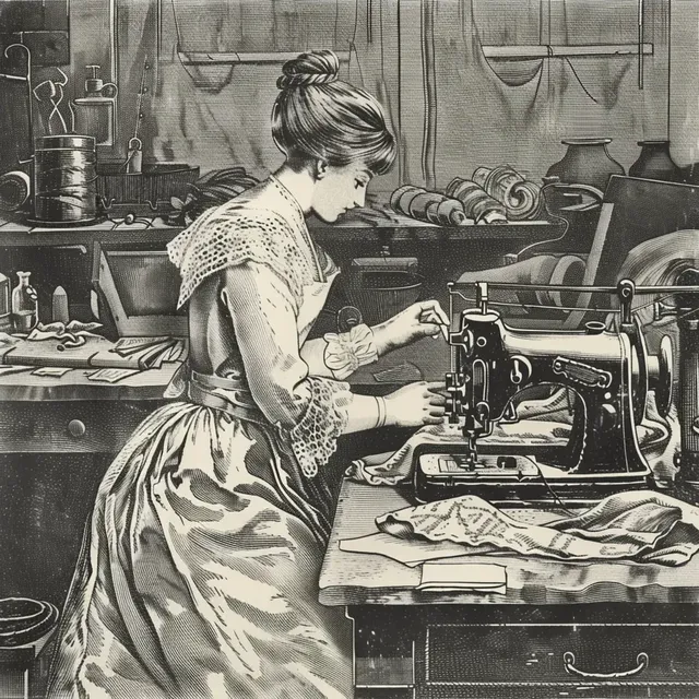 Old Illustration of Woman Sewing in Textile Factory