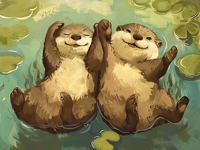 Pixar-Style Cartoon of Otters Floating and Holding Hands